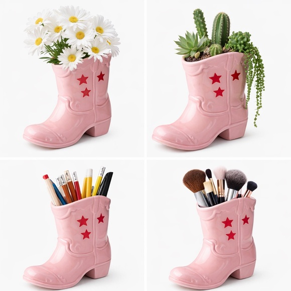 Pink Cowboy Boot Planter / Vase Western Cowgirl Decor NWOT - Picture 2 of 8